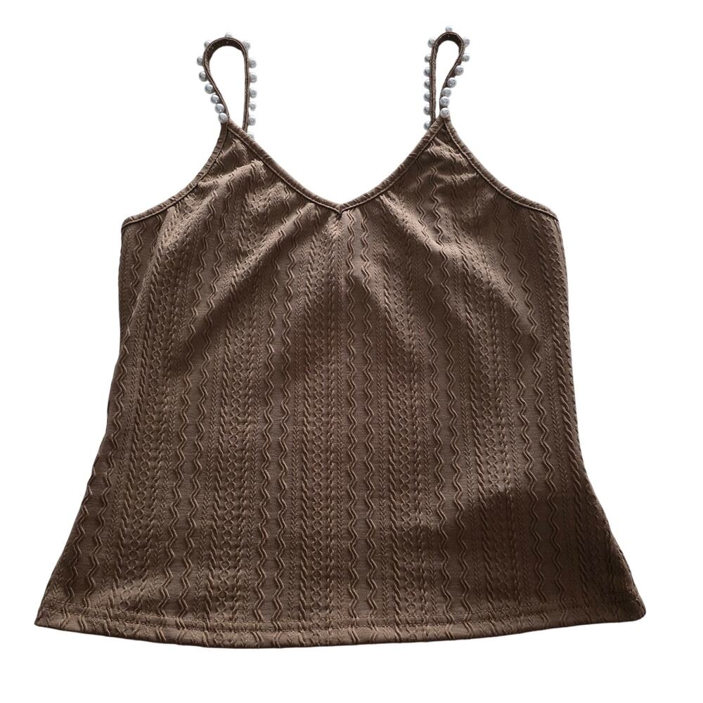 Shein Brown Textured Tank Top Pearl Strap Accent sz Medium Basic Layer Casual